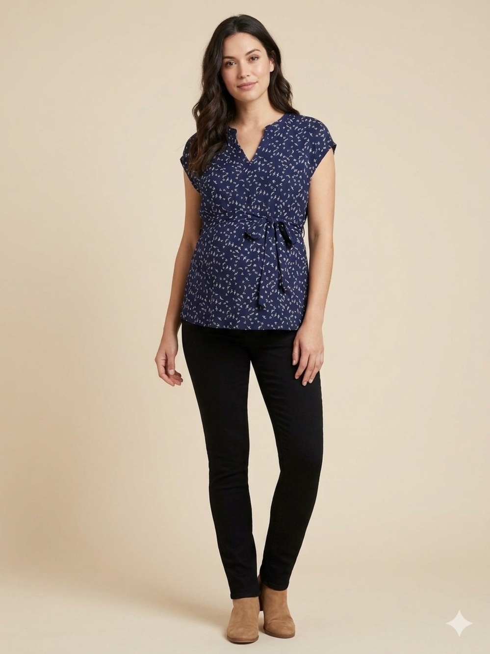 Le Lis Navy Floral Tie-Detail Blouse